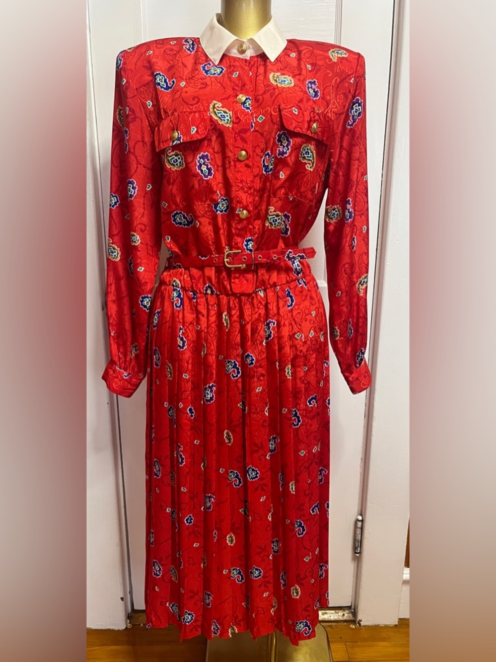 Vintage Andrea Gayle Red Paisley Pleated
Secretary Dress - 80s Librarian Midi